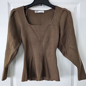 Zara Chocolate Ribbed Knit Top